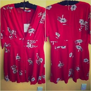 Red floral button up sundress.